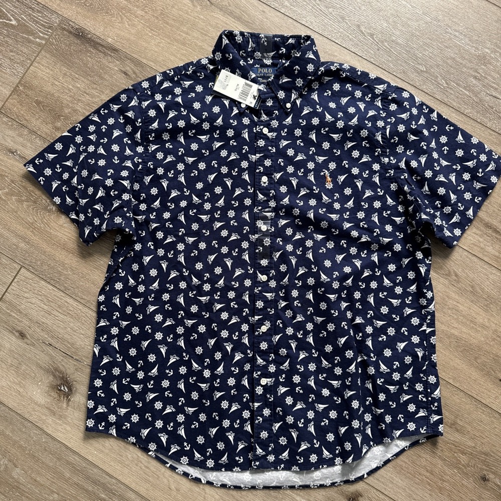 Polo Ralph Lauren Shirt Mens XL Blue Short Sleeve Button Sail Boat Anchor #39
